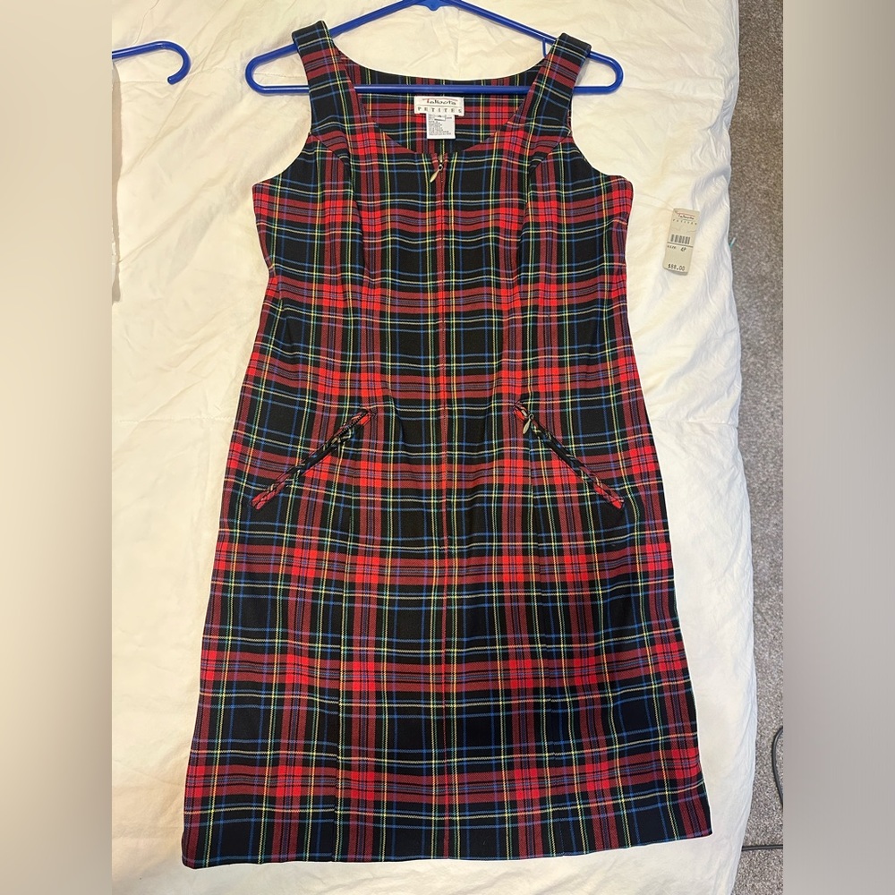 Women's Petite Casual Tartan Print Zip Up Sleeveless Pinafore Overall mini Dress
